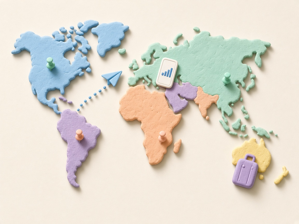 Pastel illustration of a world map with a phone, passport and paper plane